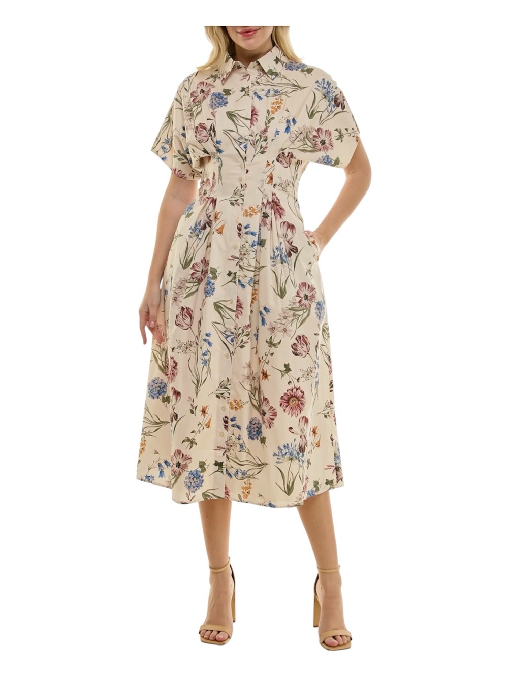 NWT Nicole Miller Botanical Floral Stretch Cotton Pleated Midi Shirtdress Size 6